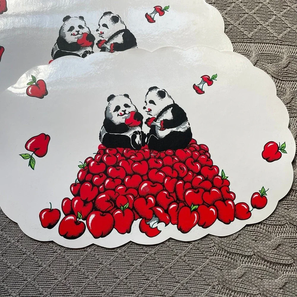Vintage 70s Funky Panda & Apples Scalloped Vinyl Placemats